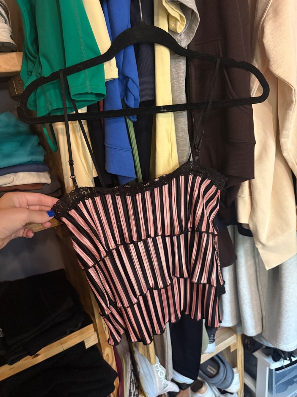 Striped Pink and Black Ruffle Cami Top